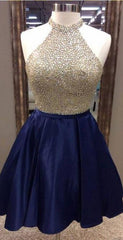 Prom Dress Boutiques, A-Line Jewel Navy Blue Satin Short Homecoming Dress 2024 with Beading