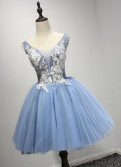 Prom Dress Store Near Me, A-Line Crew Neck Blue Appliques Homecoming Dress 2024