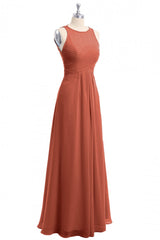 Formal Dress For Wedding Guest, Rust Orange Crew Neck Backless A-Line Long Bridesmaid Dress