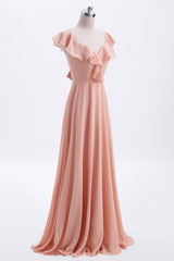 Prom Dresses Emerald Green, Peach Ruffles A-lline Chiffon Long Bridesmaid Dress with Tie Back