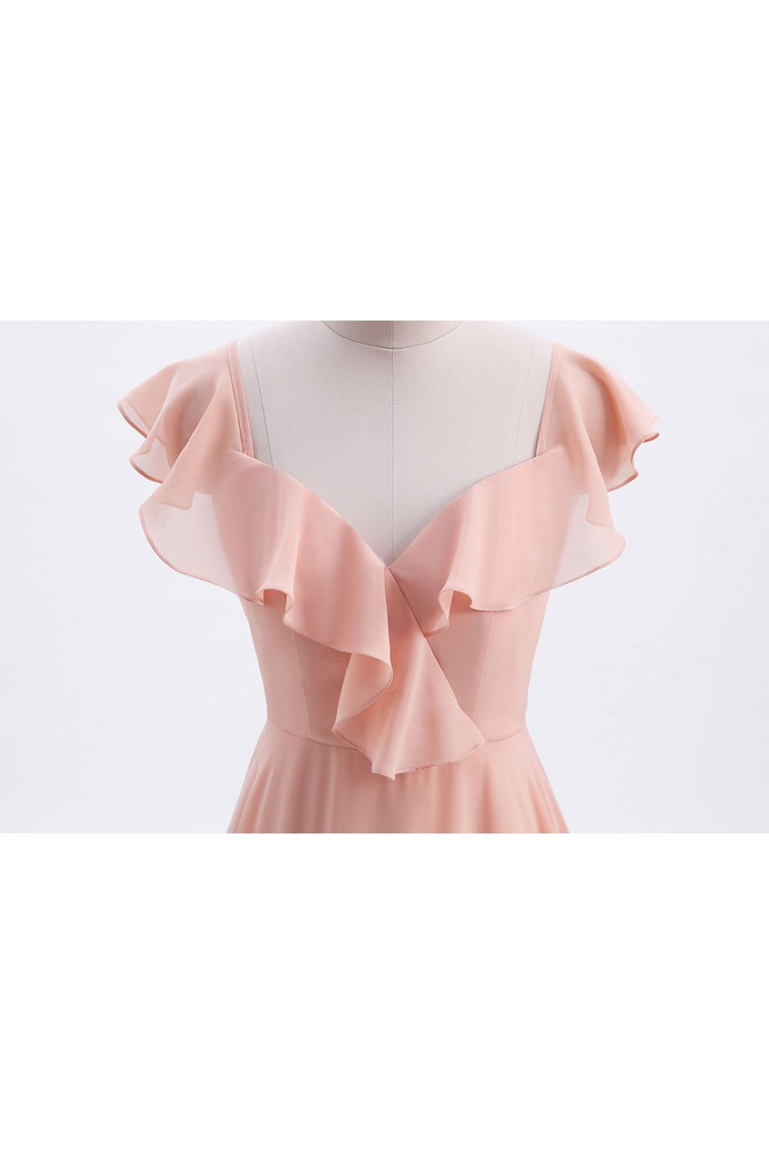 Prom Dress, Peach Ruffles A-lline Chiffon Long Bridesmaid Dress with Tie Back