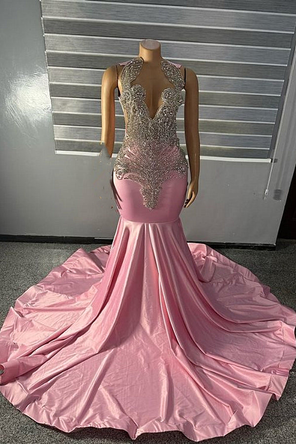 High neck Unique SIlver Beaded Pink Mermaid PRom Dresses