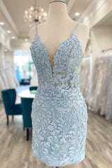 Country Wedding Dress, Light Blue Appliques Plunge V Short Homecoming Dress