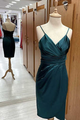 Party Dresses Summer Dresses 2038, Hunter Green Satin Spaghetti Straps Short Bridesmaid Dress