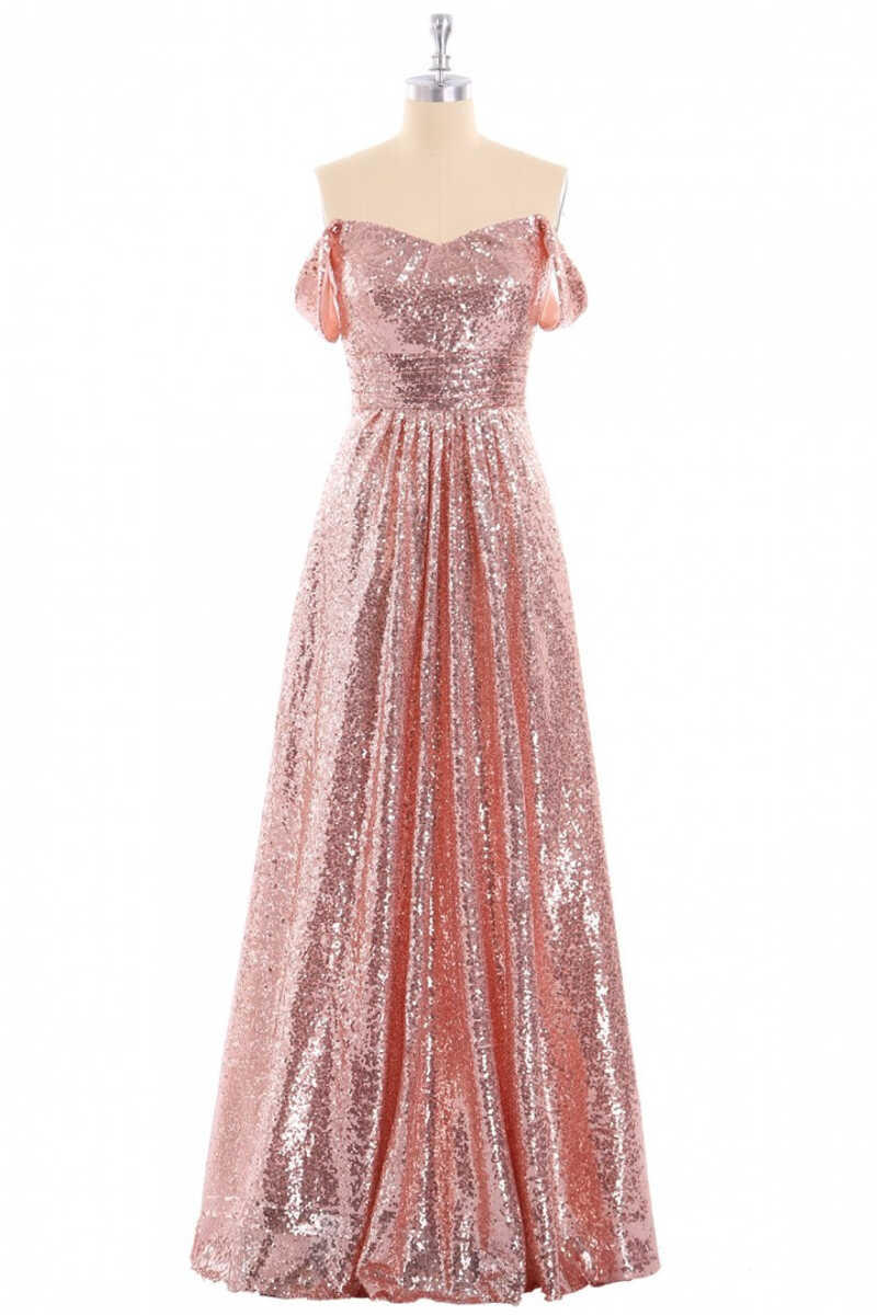 Evening Dresses Green, Rose Gold Sequin Off-the-Shoulder A-Line Long Bridesmaid Dress