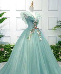 Party Dresses Outfit Ideas, Green V Neck Tulle Long Prom Dress, Green Evening Dress