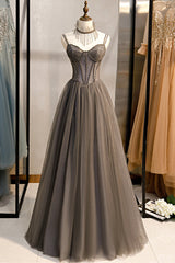 Bridesmaid Dresses Color, Gray Tulle Spaghetti Strap Long Prom Dresses, A-Line Evening Dresses