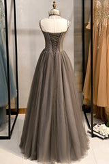 Bridesmaids Dress Color, Gray Tulle Spaghetti Strap Long Prom Dresses, A-Line Evening Dresses