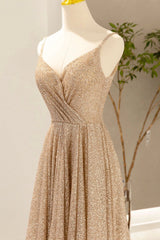 Bridesmaids Dresses Fall, Gold V-Neck Sequins Long Prom Dress, A-Line Evening Party Dress