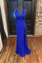 Formal Dress Gown, Blue V-Neck Sequins Long Prom Dresses, Blue Formal Evening Dresses