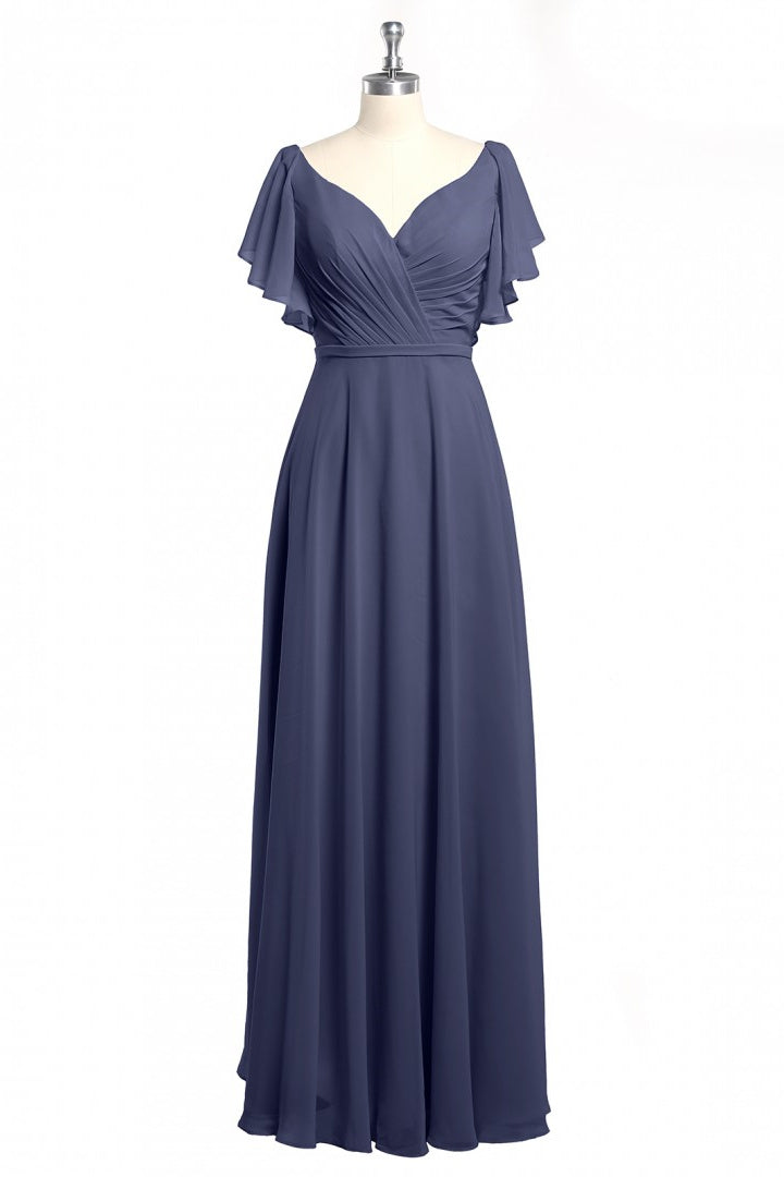 Bridesmaid Dresses Styles, Navy Blue V-Neck Backless Ruffled A-Line Long Dress