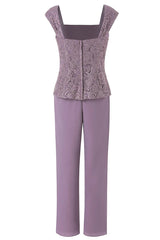 Party Dress Brands, Three-Piece Mauve Square Neck Mother of the Bride Pant Suits