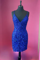 Princess Prom Dress, Royal Blue Sequins Deep V Neck Straps Sheath Homcoming Dress