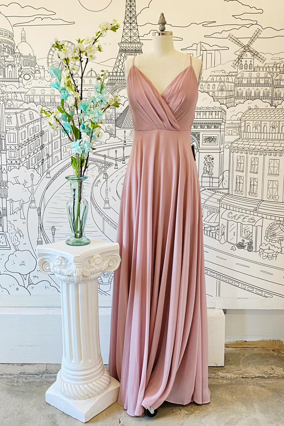 Prom Dresses Red, Pink V Neck Spaghetti Straps Pleated Chiffon Long Bridesmaid Dress