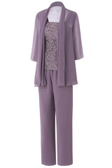 Party Dresses Website, Three-Piece Mauve Square Neck Mother of the Bride Pant Suits