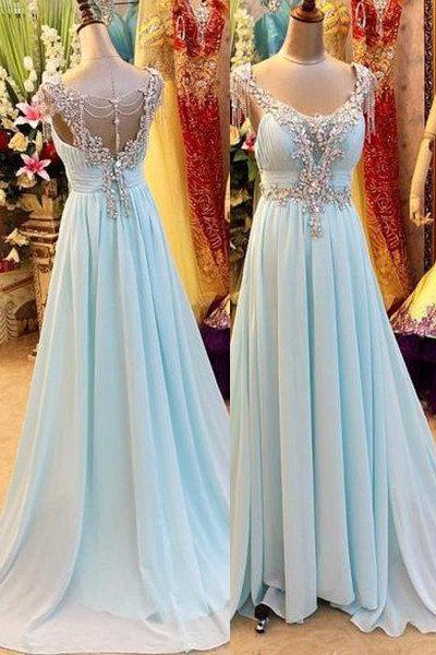 Prom Dress Designer, A-Line/Princess V-Neck Sleeveless Sweep/Brush Train Chiffon 2024 Blue Prom Dresses