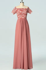 Evening Dress Sale, Dusty Rose Square Neck Short Sleeve Long Bridesmaid Dress