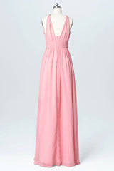 Prom Dress Curvy, Pink Chiffon Halter Backless A-Line Long Bridesmaid Dress