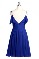 Wedding Dress Guest, Royal Blue Spaghetti Straps Ruffled A-Line Short Bridesmaid Dress