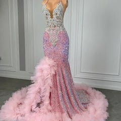 Pink Halter Mermaid Prom Dress with Sequins Beadings and Tulle Ruffle