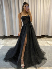 Prom Dress Colorful, Black Sweetheart Neck Tulle Long Prom Dress