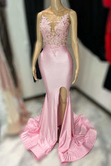 Prom Dress 2036, Pink Lace Satin Mermaid Long Prom Dress with Slit