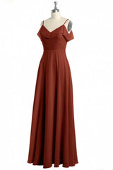 Formal Dresses Over 55, Rust Orange Chiffon Straps Ruffled A-Line Bridesmaid Dress