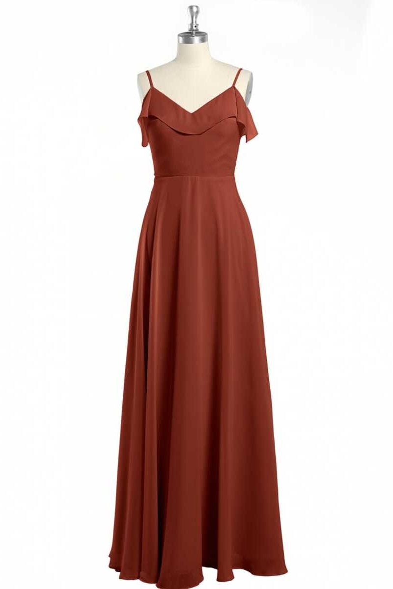 Formal Dresses For Fall Wedding, Rust Orange Chiffon Straps Ruffled A-Line Bridesmaid Dress