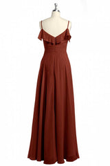 Formal Dresses For Winter Wedding, Rust Orange Chiffon Straps Ruffled A-Line Bridesmaid Dress