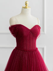 Black Tie Wedding Guest Dress, A-line Sweetheart Neck Tulle Burgundy Long Prom Dress, Off Shoulder Burgundy Formal Dress