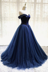 Prom Dresses For Brunettes, A-Line Tulle Beading Long Prom Dresses, Off the Shoulder Evening Dresses