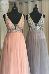 Prom Dress Beautiful, Princess Illusion V Blush Pink Prom Dress with Beading