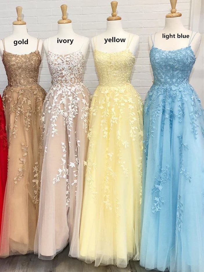 Homecoming Dress Chiffon, Princess Straps Long Prom Dress with Lace Appliques