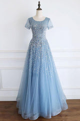 Black Long Dress, Elegant Cap Sleeves Blue Long Prom Dress with Lace-up Back