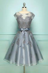 Stunning Dress, Elegant Cap Sleeves Short Grey Bridesmaid Dress with Ribbon