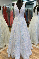 Prom Dress With Pockets, Princess A-line White Sequined Long Formal Dress