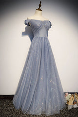 Bridesmaids Dress Ideas, Off the Shoulder Dusty Blue Formal Dress