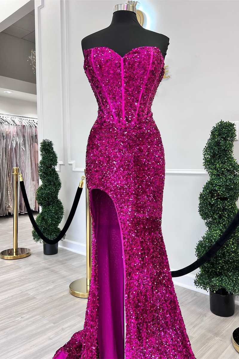 Debutant Dress, Fuchsia Sequin Strapless Mermaid Long Prom Dress with Slit