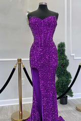 Royal Dress, Fuchsia Sequin Strapless Mermaid Long Prom Dress with Slit