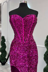 Prom Inspo, Fuchsia Sequin Strapless Mermaid Long Prom Dress with Slit