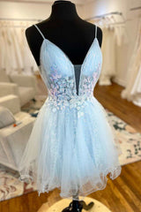 Bachelorette Party Games, Light Blue Tulle Open Back A-Line Short Party Dress