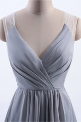 Formal Dresses For Teens, Silve Chiffon A-line Ruffles Long Bridesmaid Dress