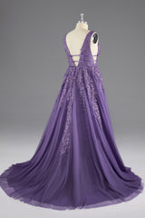 Long Prom Dress, A-line V-Neck Lace Appliques Long Prom Dress