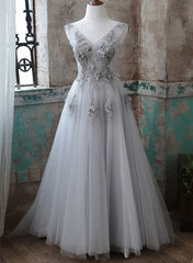 Formal Dresses Online, Grey V-Neckline Tulle With Lace Long Formal Dress, Grey A-Line Prom Dress