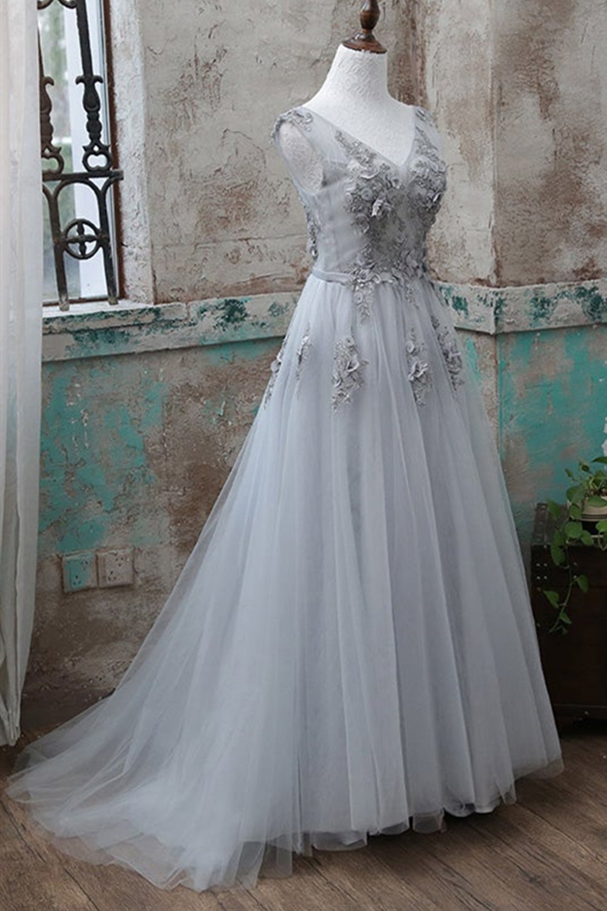 Formal Dress Idea, Grey V-Neckline Tulle With Lace Long Formal Dress, Grey A-Line Prom Dress