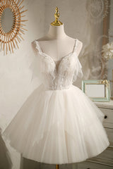 Bridesmaid Dress Styles, Ivory V Neck Spaghetti Straps Beading Short Homecoming Dresses