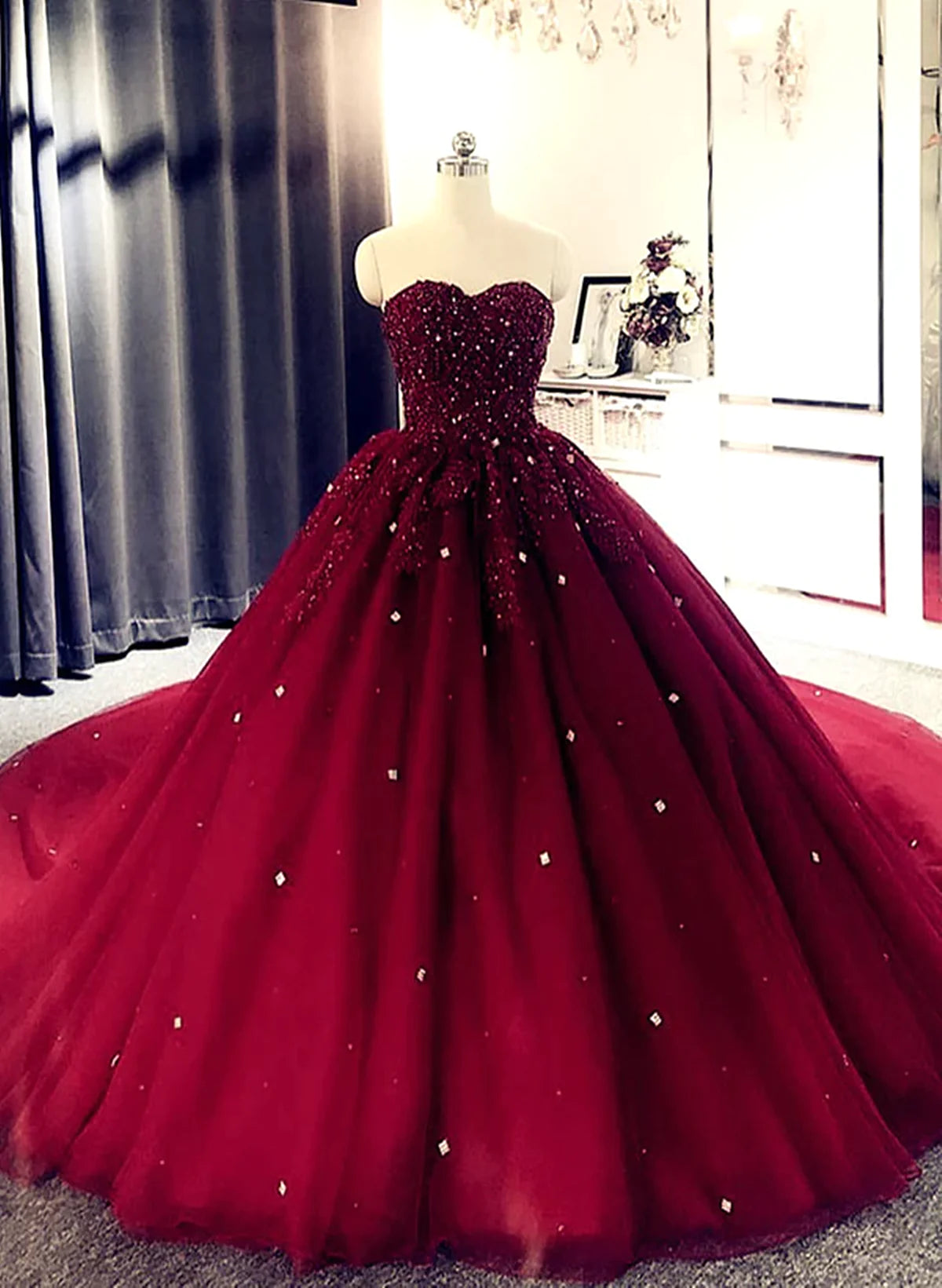 Formal Dress For Beach Wedding, Ball Gown Burgundy Sweetheart Beaded Quince Dresses Sweet 16 Dress