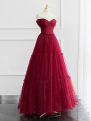 Yellow Dress, A-line Sweetheart Neck Tulle Burgundy Long Prom Dress, Off Shoulder Burgundy Formal Dress