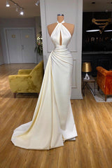 Evening Dresses Sale, Ivory Halter Long Evening Prom Dress With Split Detachable Train