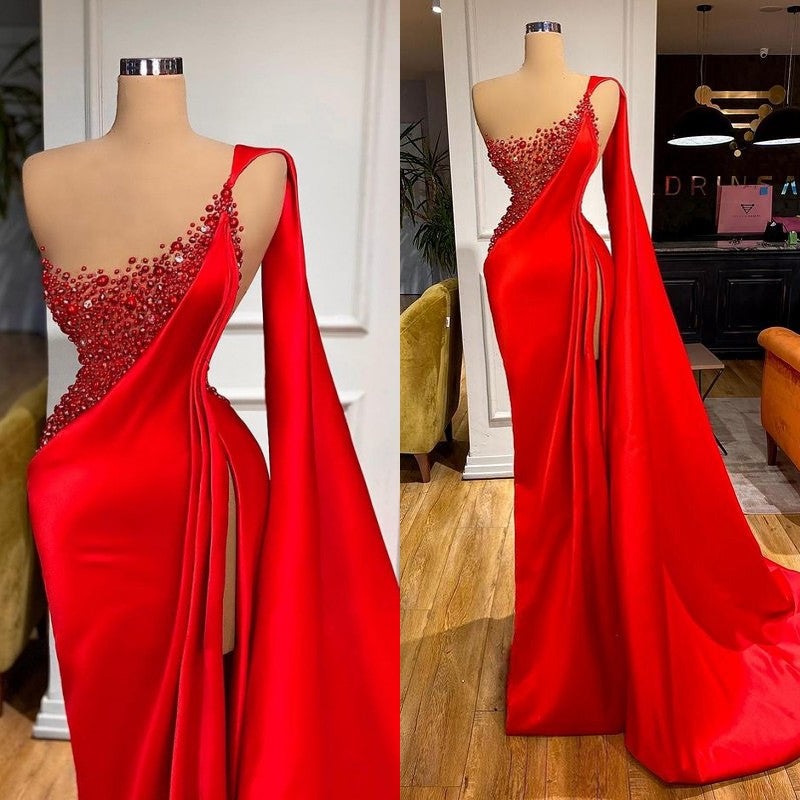 Evening Dresses Near Me, Unique Red Stones Sleeveless High split mermaid Evening Dress